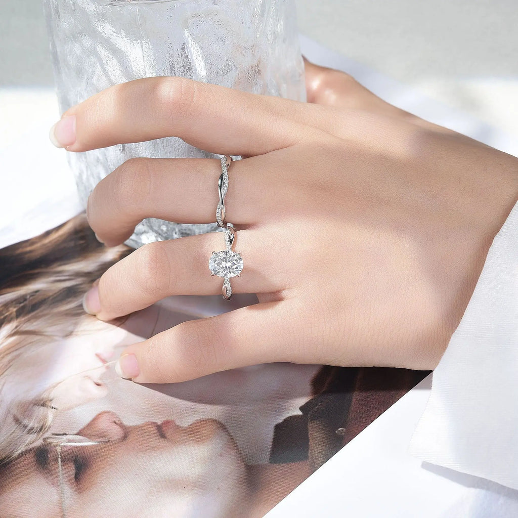 Twisted Setting Moissanite Oval Diamond 2 Carat Sterling Silver Moissanite Ring