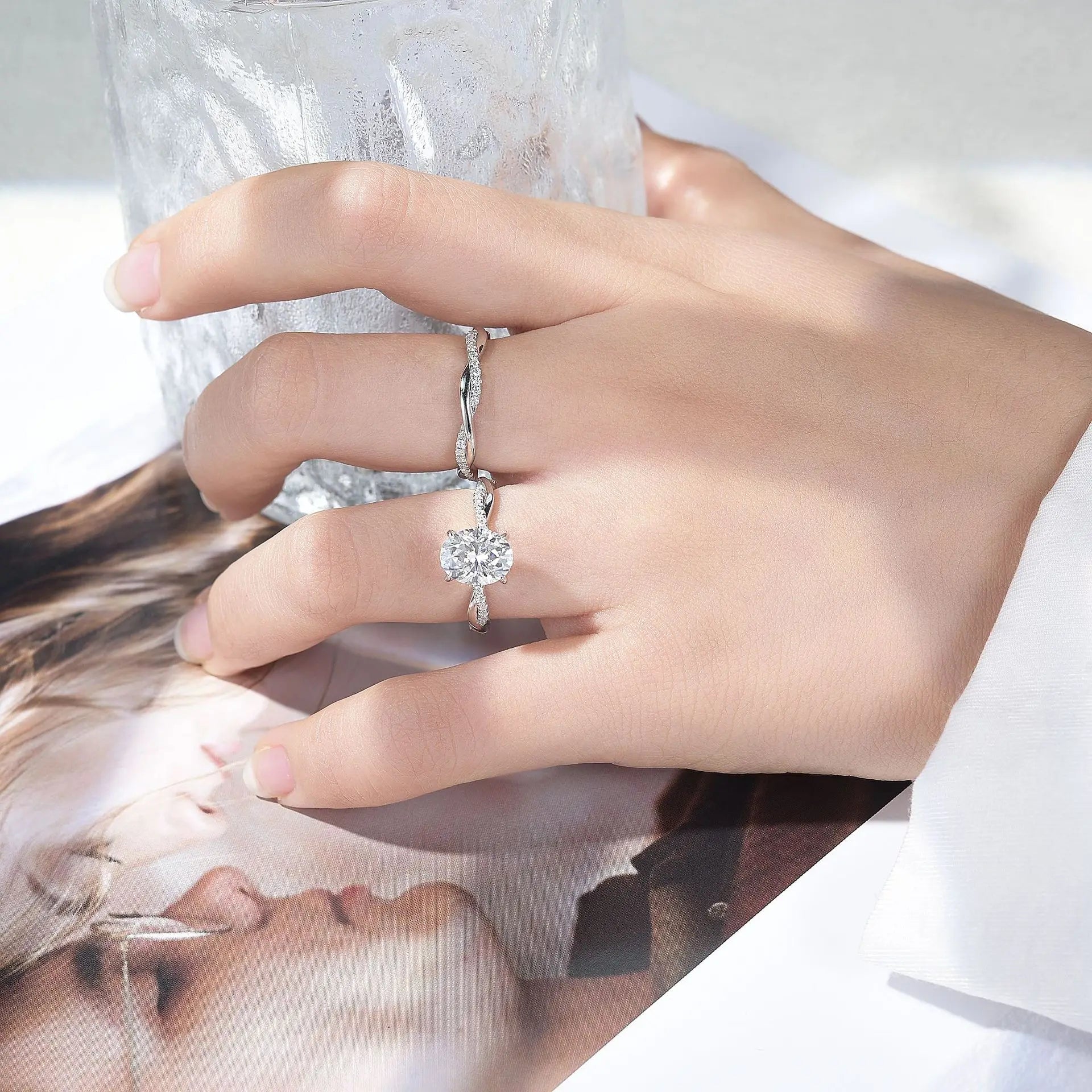 Twisted Setting Moissanite Oval Diamond 2 Carat Sterling Silver Moissanite Ring