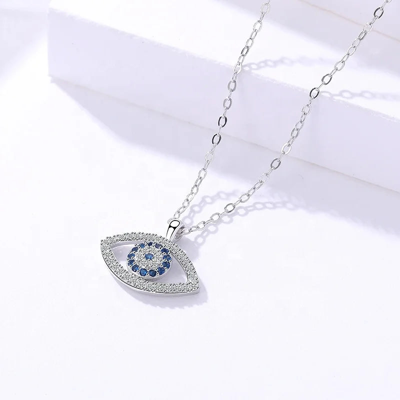 Sterling Silver Pave White Blue Evil Eye Pendant Necklace