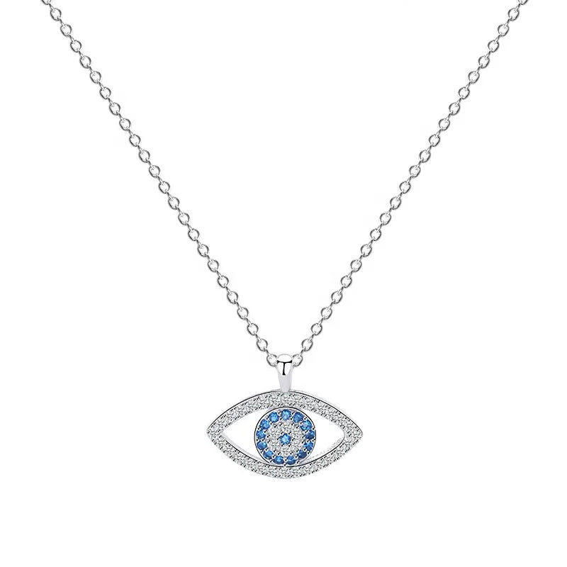 Sterling Silver Pave White Blue Evil Eye Pendant Necklace