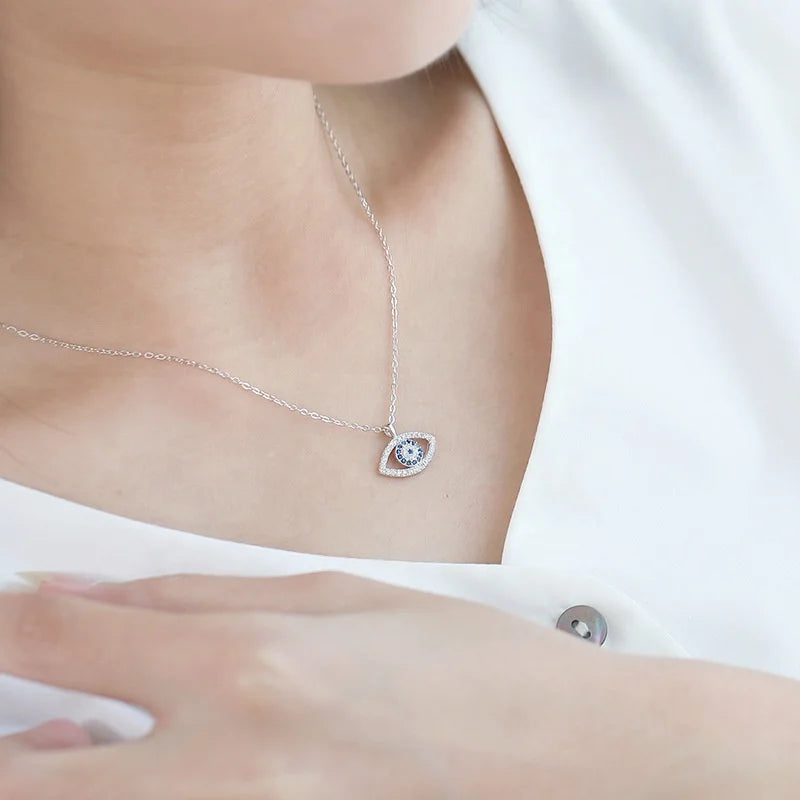 Sterling Silver Pave White Blue Evil Eye Pendant Necklace